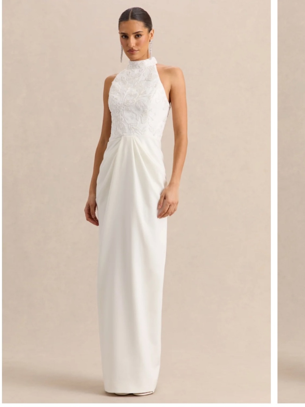 Club London | Charlotte | White Halter-Neck Maxi Dress With Gathered-Detailing